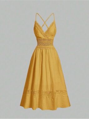 Mustard Lace Trim Boho Midi Dress